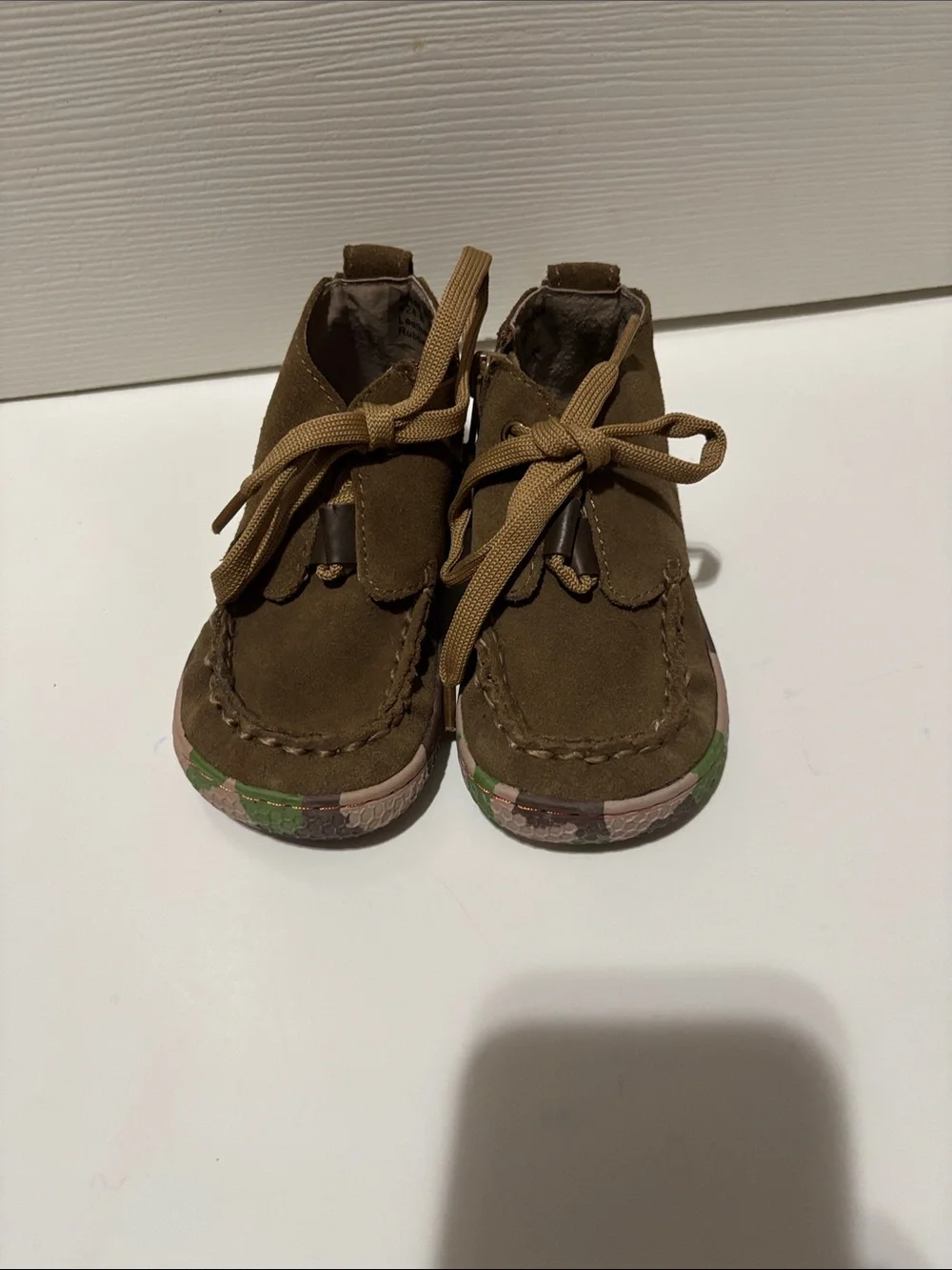 Livie & Luca green Suede Moccasin Boots with Camo Sole Accents